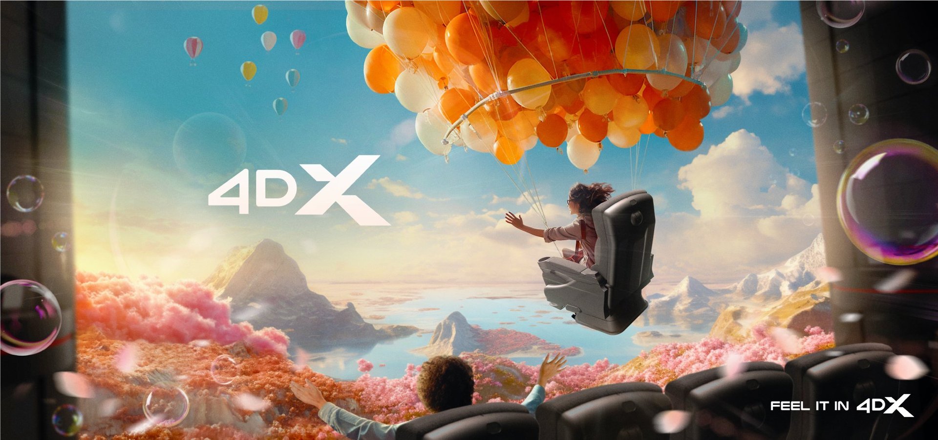 4DX logo with chair floating by orange balloons.